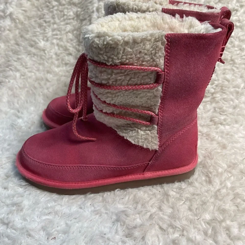 Kookaburra by UGG leather pink Girl winter boots beige fur lace up accent SZ3